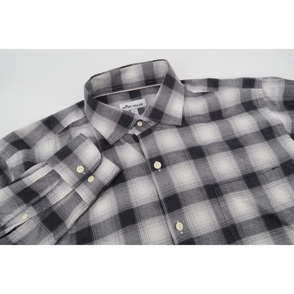 Peter Millar Shirt Mens Large Gray Flannel Plaid Button Up Long Sleeve Untucked